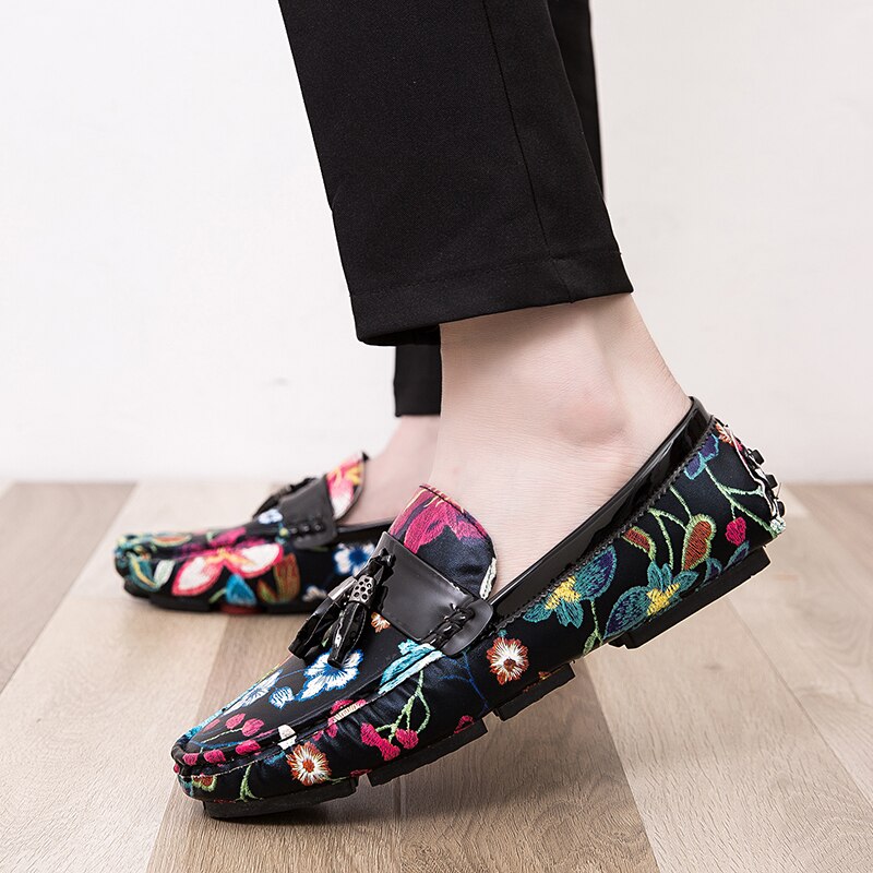 Stacey B's Casual Shoes for Men Summer Flower Shoes Fashionable Floral Black Loafers Men