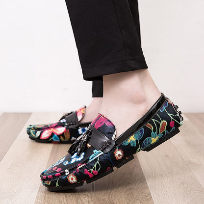 Stacey B's Casual Shoes for Men Summer Flower Shoes Fashionable Floral Black Loafers Men