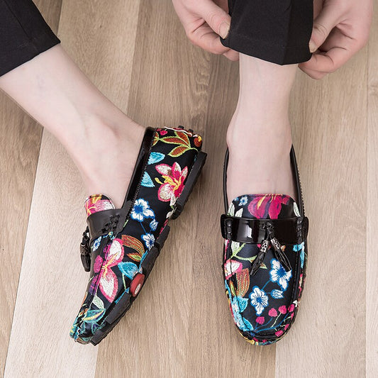 Stacey B's Casual Shoes for Men Summer Flower Shoes Fashionable Floral Black Loafers Men