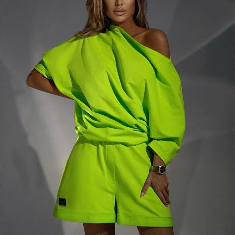 Stacey B's Fashionable Women's Hoodie Pants Set, One-Shoulder Wide Sleeve Loose Two-Piece Outfit