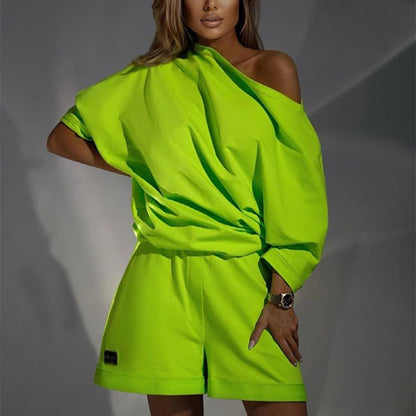 Stacey B's Fashionable Women's Hoodie Pants Set, One-Shoulder Wide Sleeve Loose Two-Piece Outfit