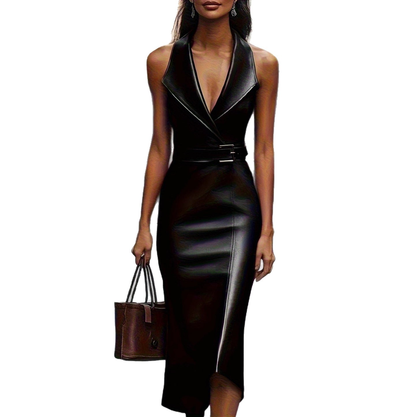 Stacey B's Fashion Women's Elegant Waist-Cinching Belt Irregular Fitted PU Leather Dress