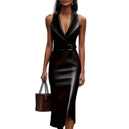 Stacey B's Fashion Women's Elegant Waist-Cinching Belt Irregular Fitted PU Leather Dress