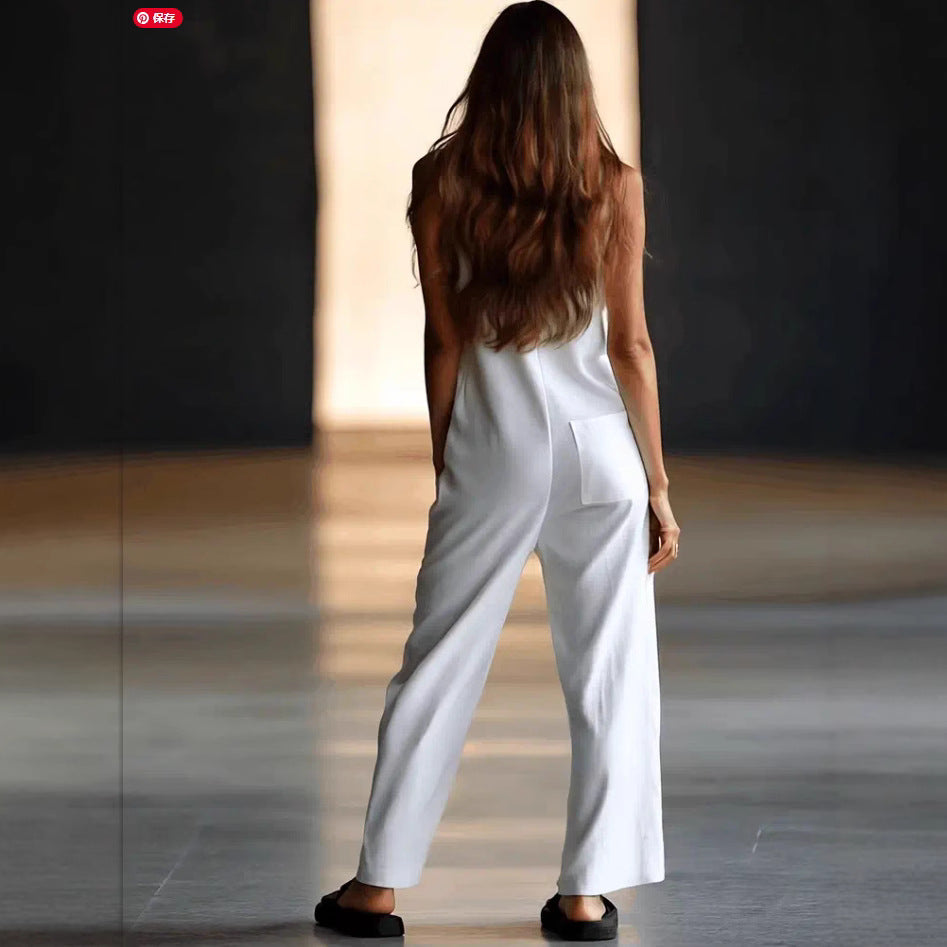 Stacey B's Casual Loose Sleeveless Single-Button Wide-Leg Pants Fashion Cargo Jumpsuit for Women
