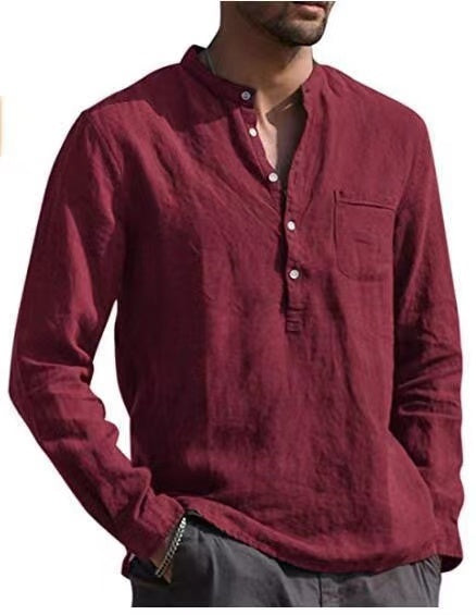 Stacey B's Men Four Seasons Leisure Long Sleeve Woven Flax Shirt