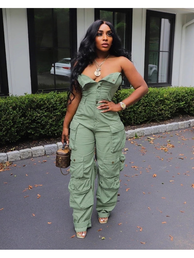 Stacey B's Solid Color Sleeveless Cargo Jumpsuit