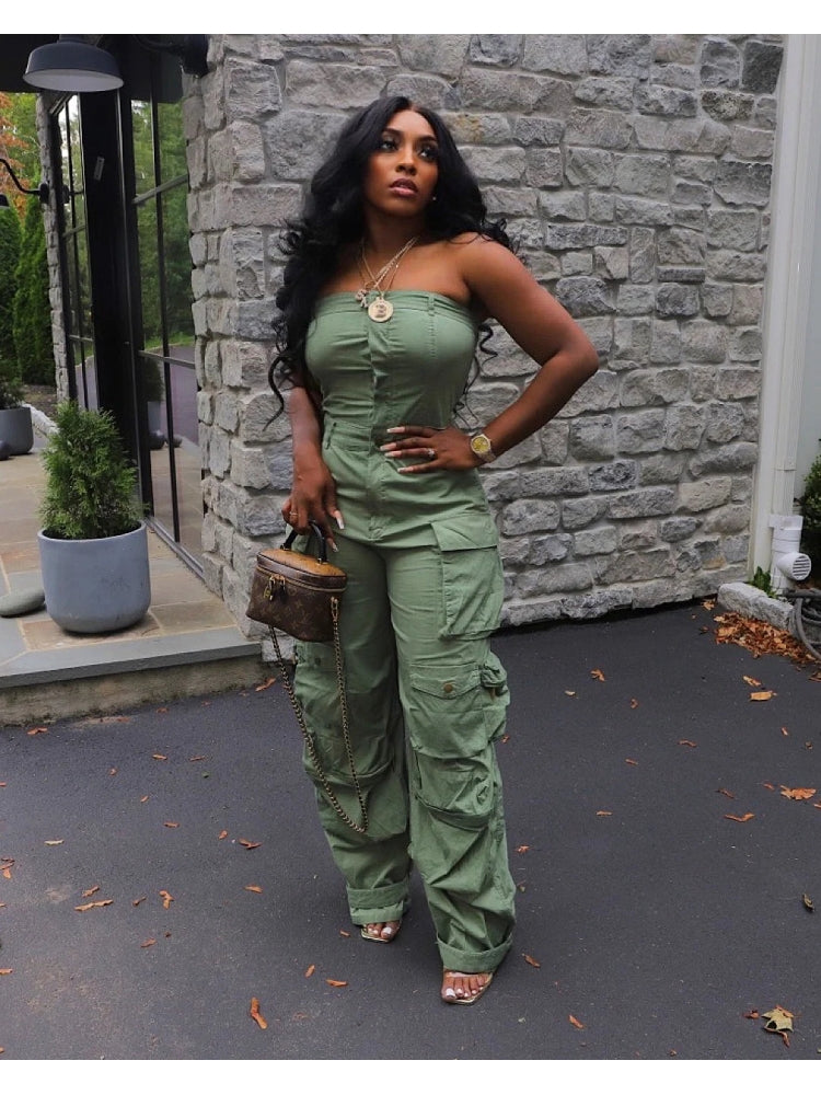 Stacey B's Solid Color Sleeveless Cargo Jumpsuit