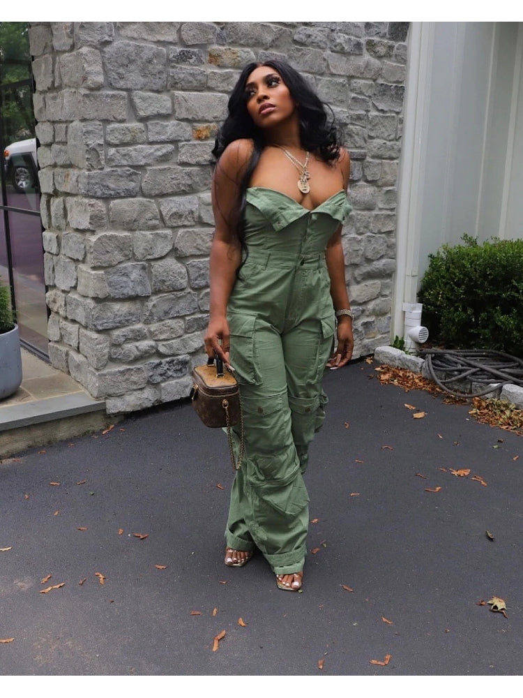 Stacey B's Solid Color Sleeveless Cargo Jumpsuit