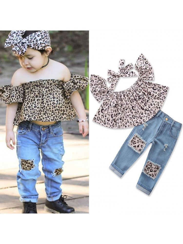 Stacey B's Leopard Patchwork Boat Neck Girl Clothing Sets