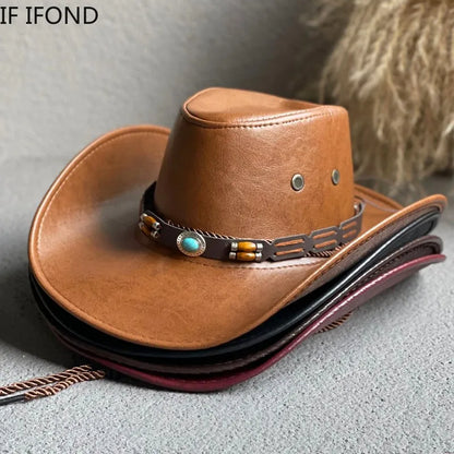 Stacey B's New Faux Leather Western Cowboy Hats For Women Men Vintage Gentleman Dress Hats Panama Cowgirl Jazz