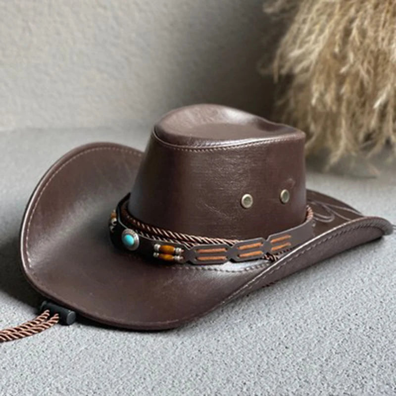 Stacey B's New Faux Leather Western Cowboy Hats For Women Men Vintage Gentleman Dress Hats Panama Cowgirl Jazz