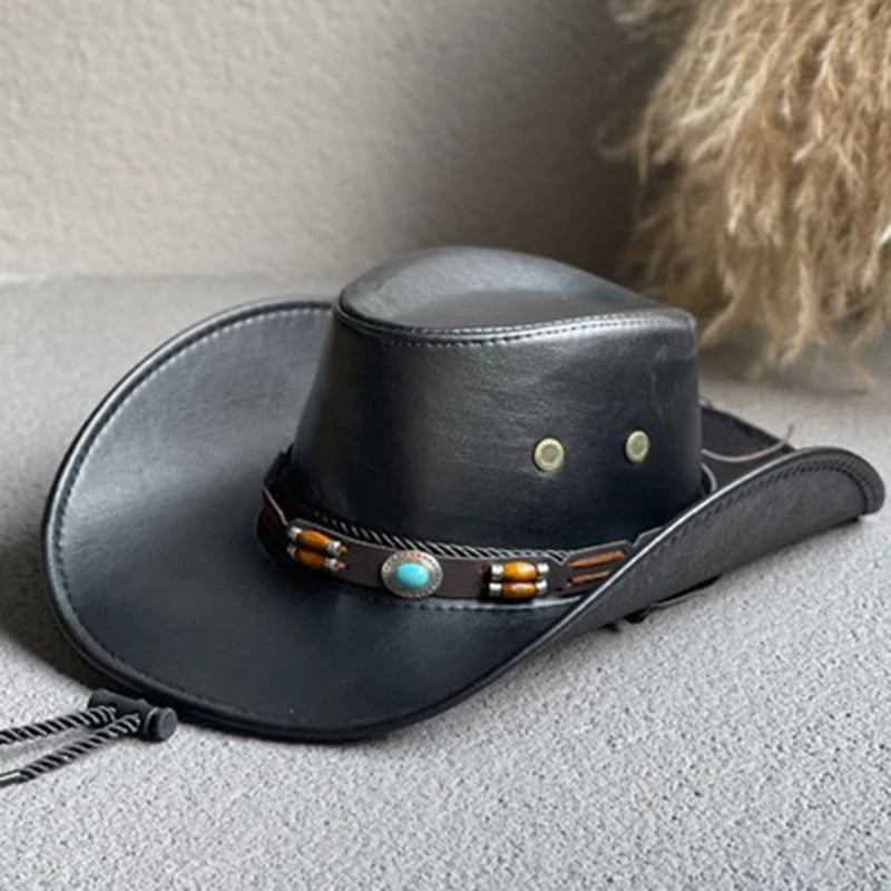 Stacey B's New Faux Leather Western Cowboy Hats For Women Men Vintage Gentleman Dress Hats Panama Cowgirl Jazz