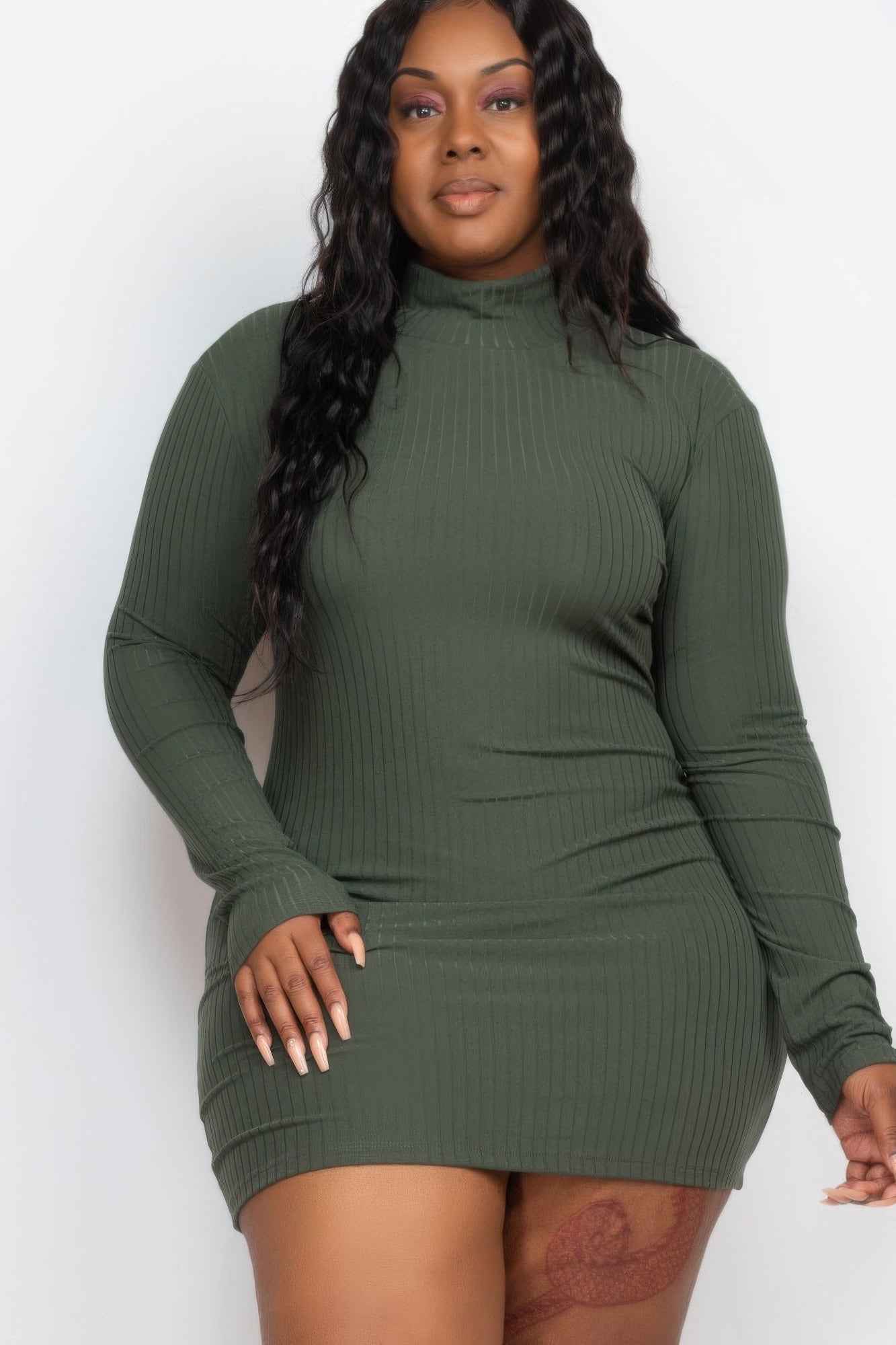 Stacey B's Plus Size Ribbed Long Sleeve Mock Neck Mini Bodycon Dress