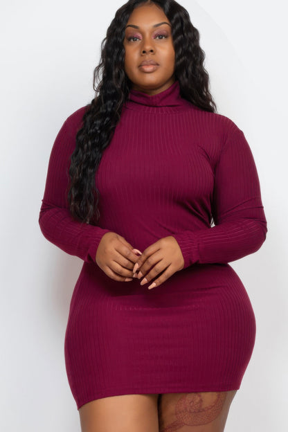Stacey B's Plus Size Ribbed Long Sleeve Mock Neck Mini Bodycon Dress