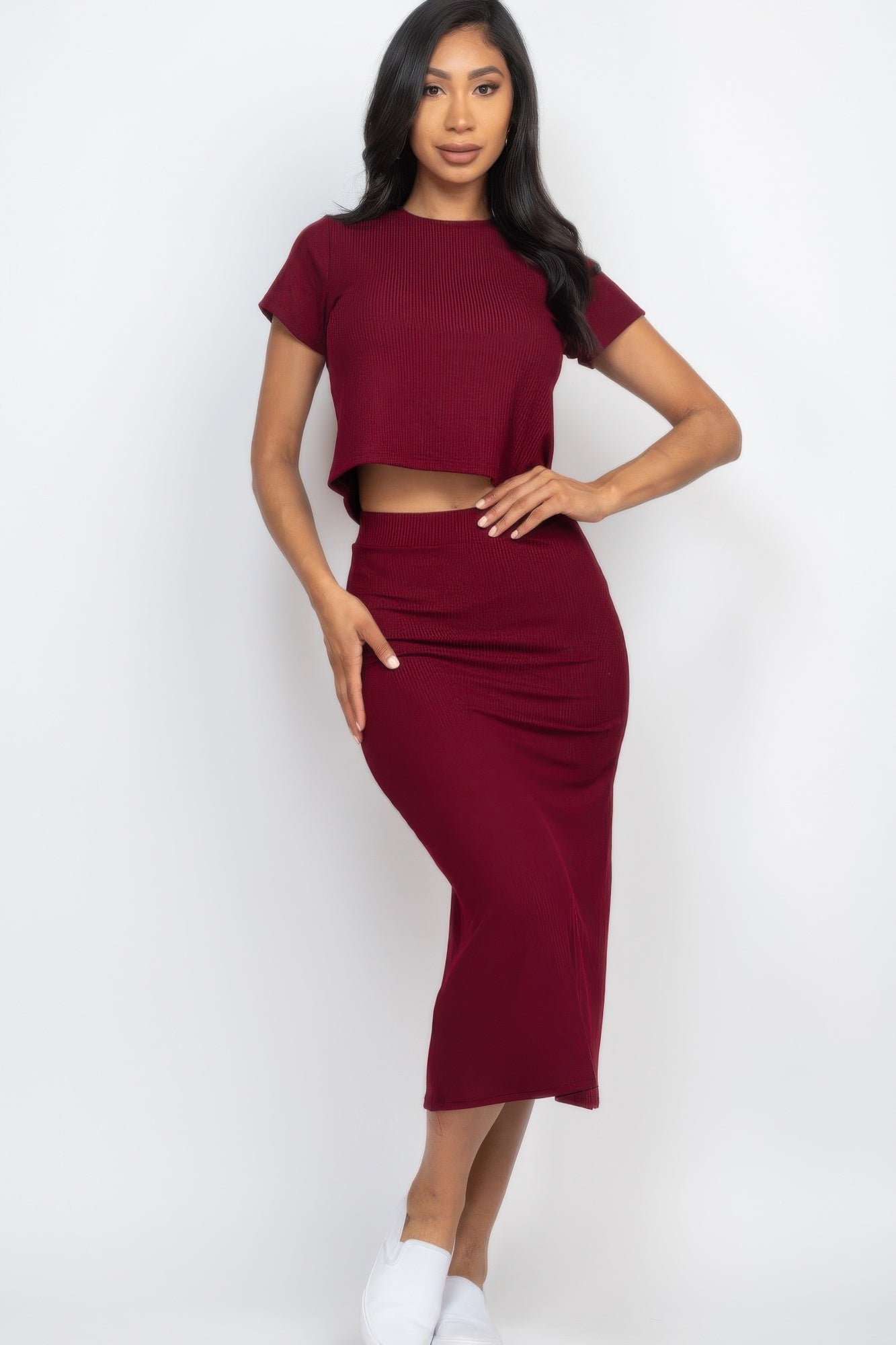 Stacey B's Short Sleeve Ribbed Top & Midi Skirt Se