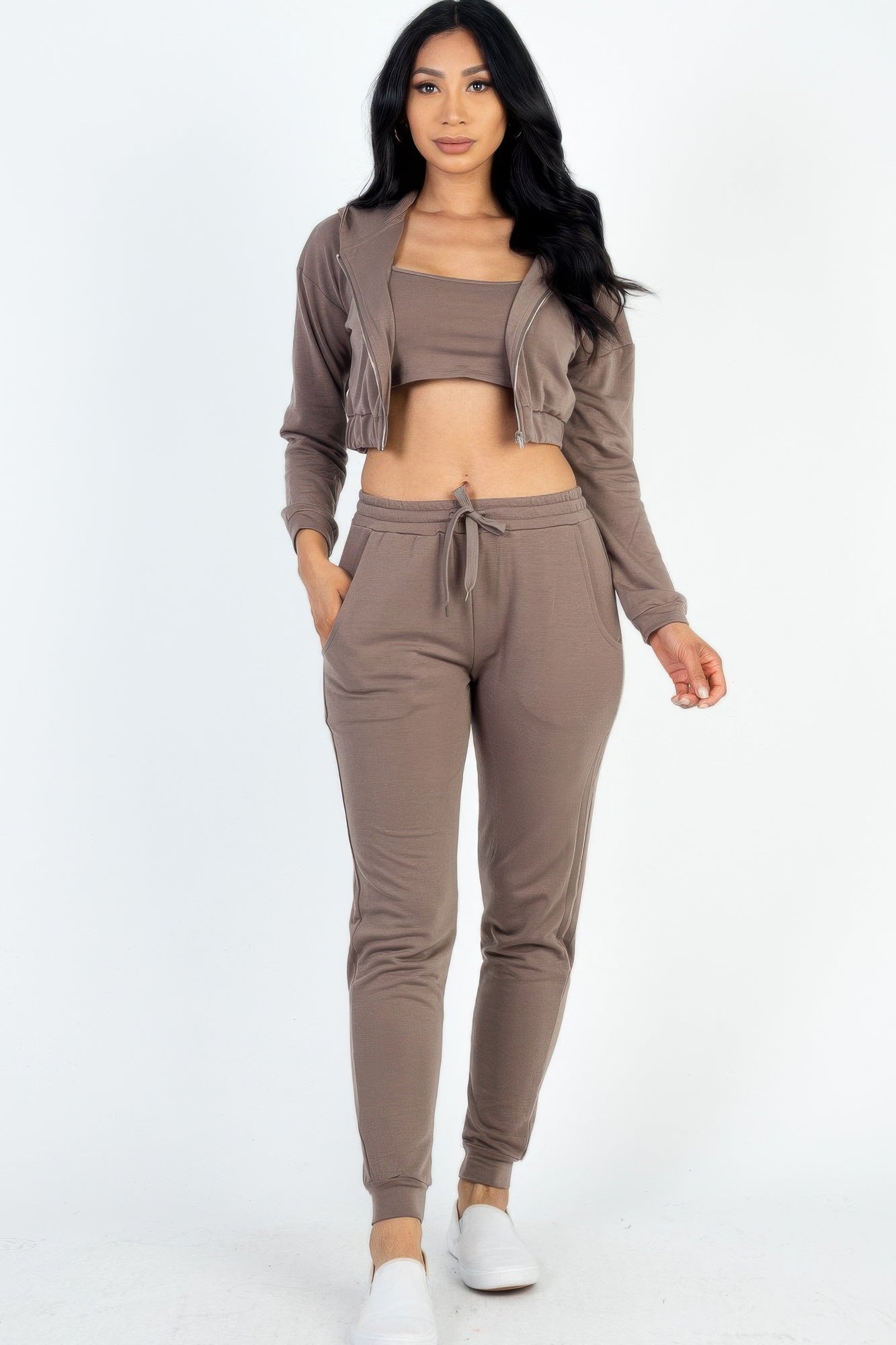 Stacey B's French Terry Cropped Cami With Zip-up Jacket And Joggers Set