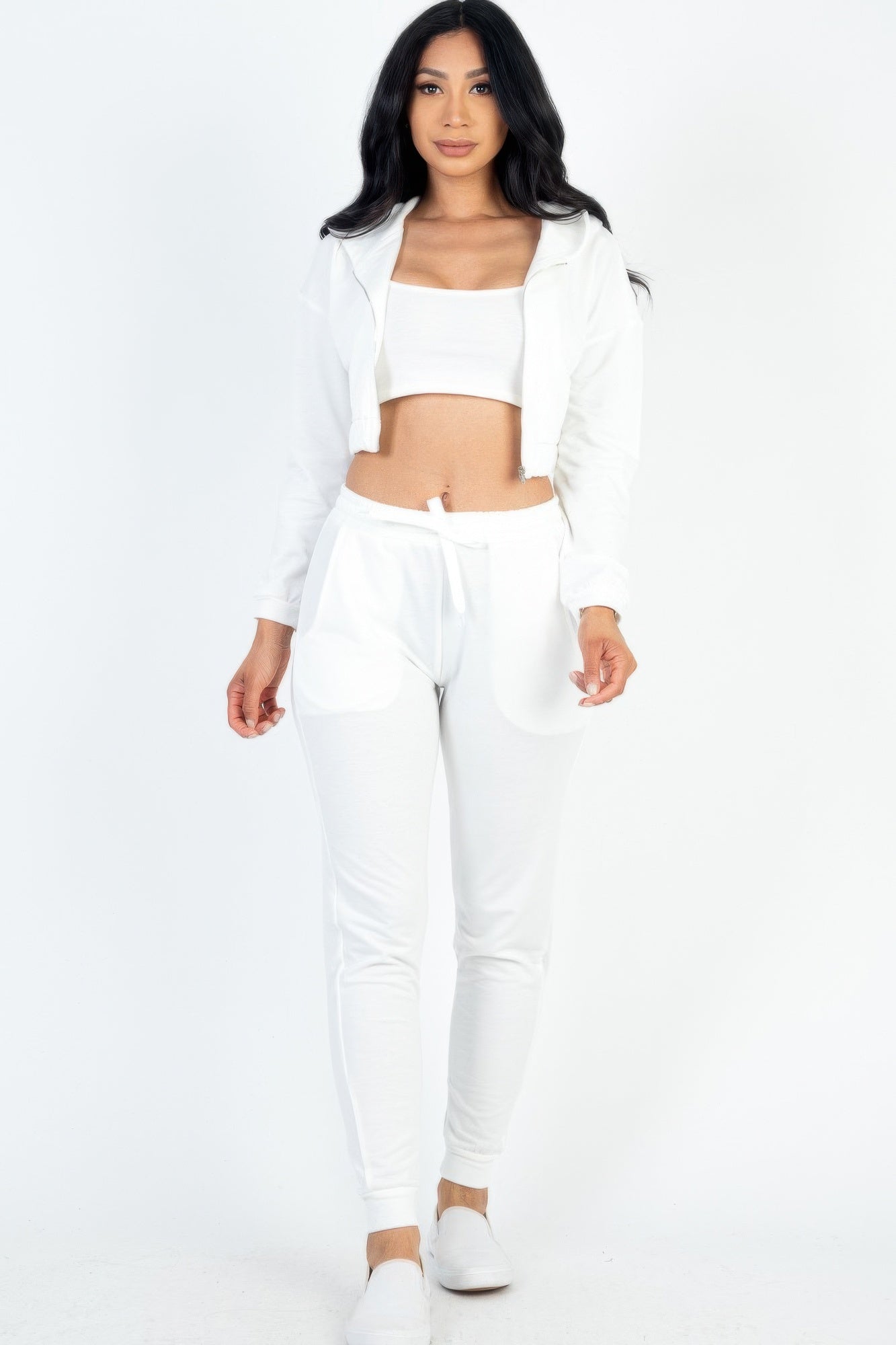 Stacey B's French Terry Cropped Cami With Zip-up Jacket And Joggers Set