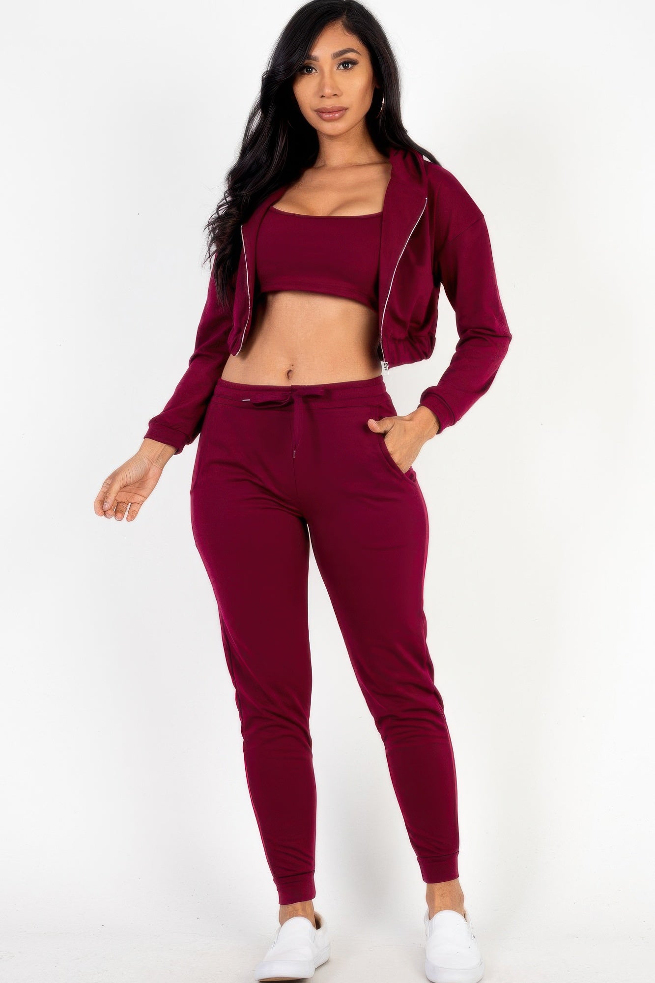 Stacey B's French Terry Cropped Cami With Zip-up Jacket And Joggers Set