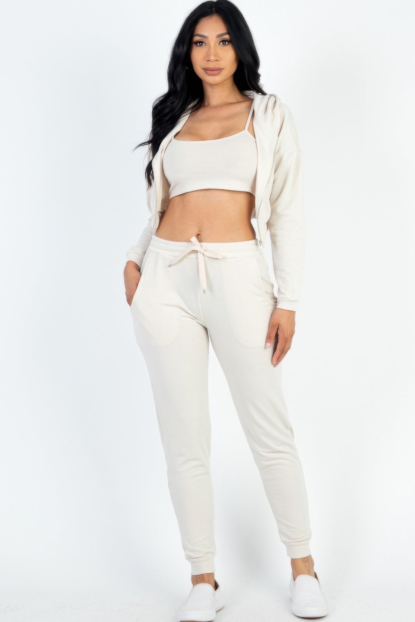 Stacey B's French Terry Cropped Cami With Zip-up Jacket And Joggers Set