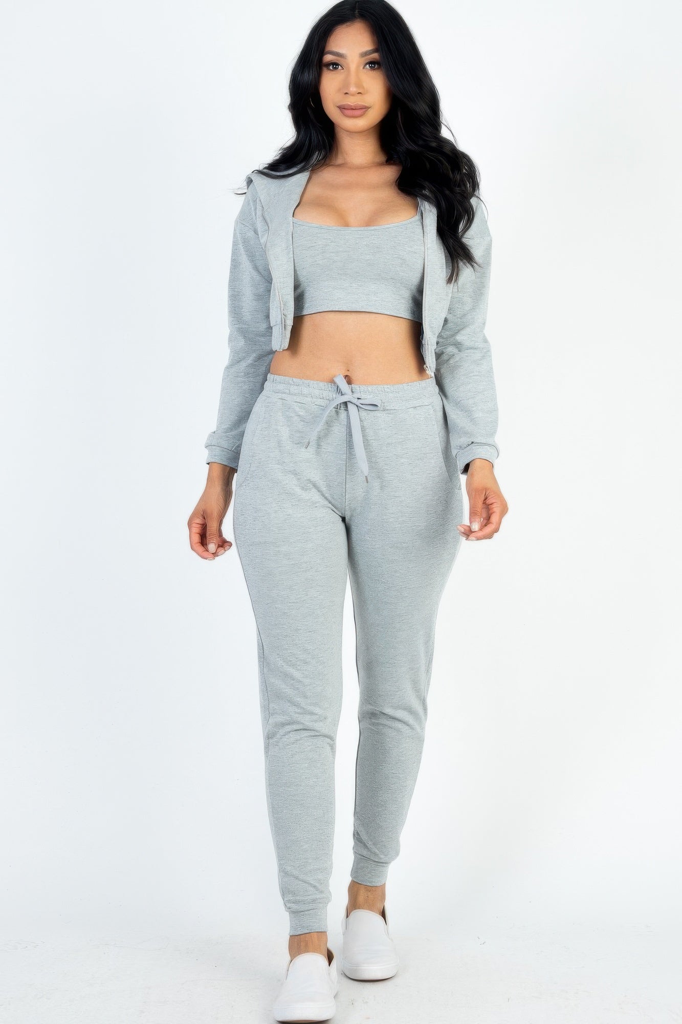 Stacey B's French Terry Cropped Cami With Zip-up Jacket And Joggers Set