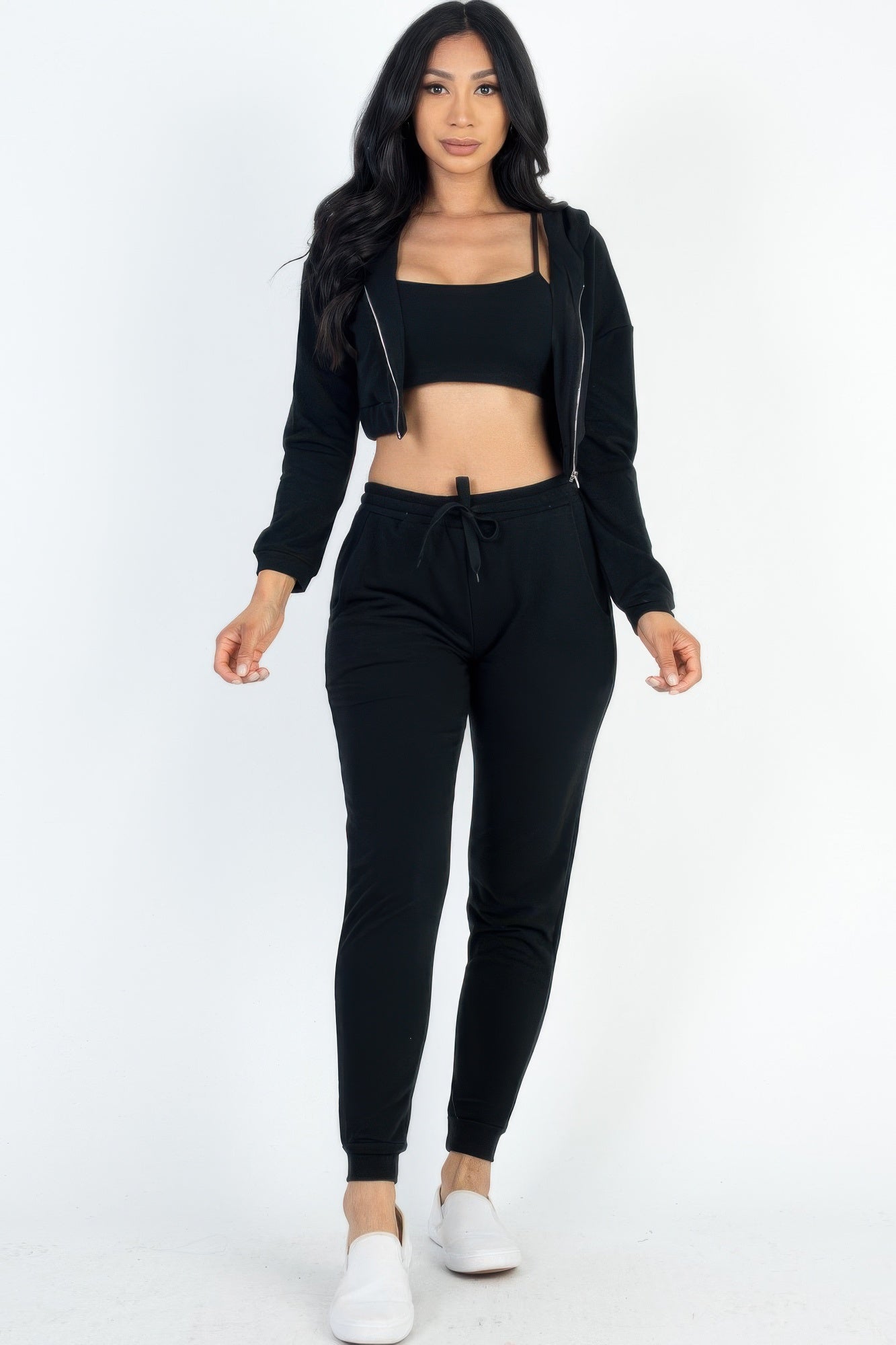 Stacey B's French Terry Cropped Cami With Zip-up Jacket And Joggers Set