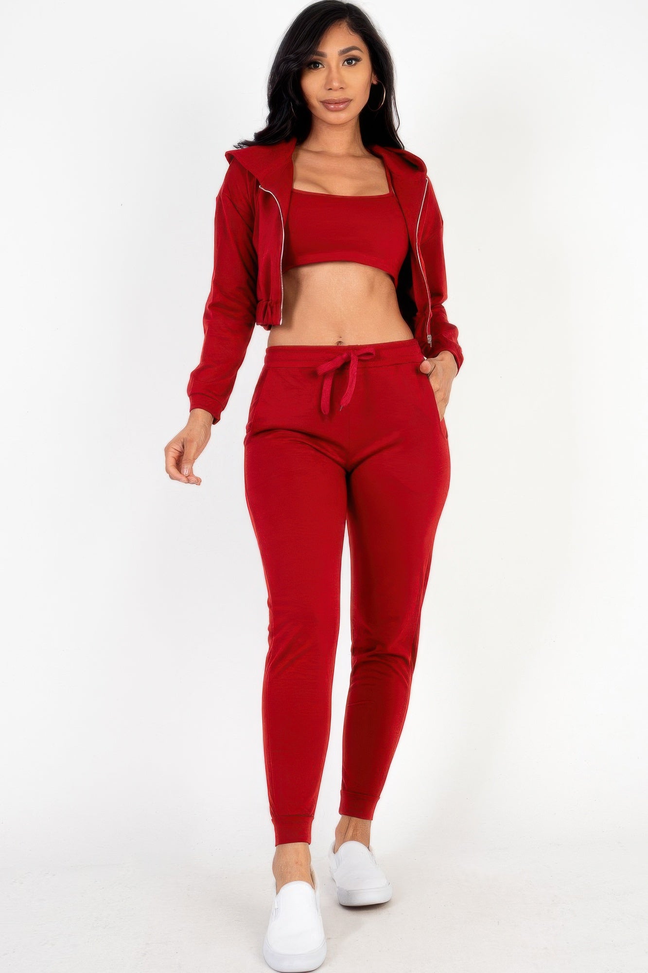 Stacey B's French Terry Cropped Cami With Zip-up Jacket And Joggers Set