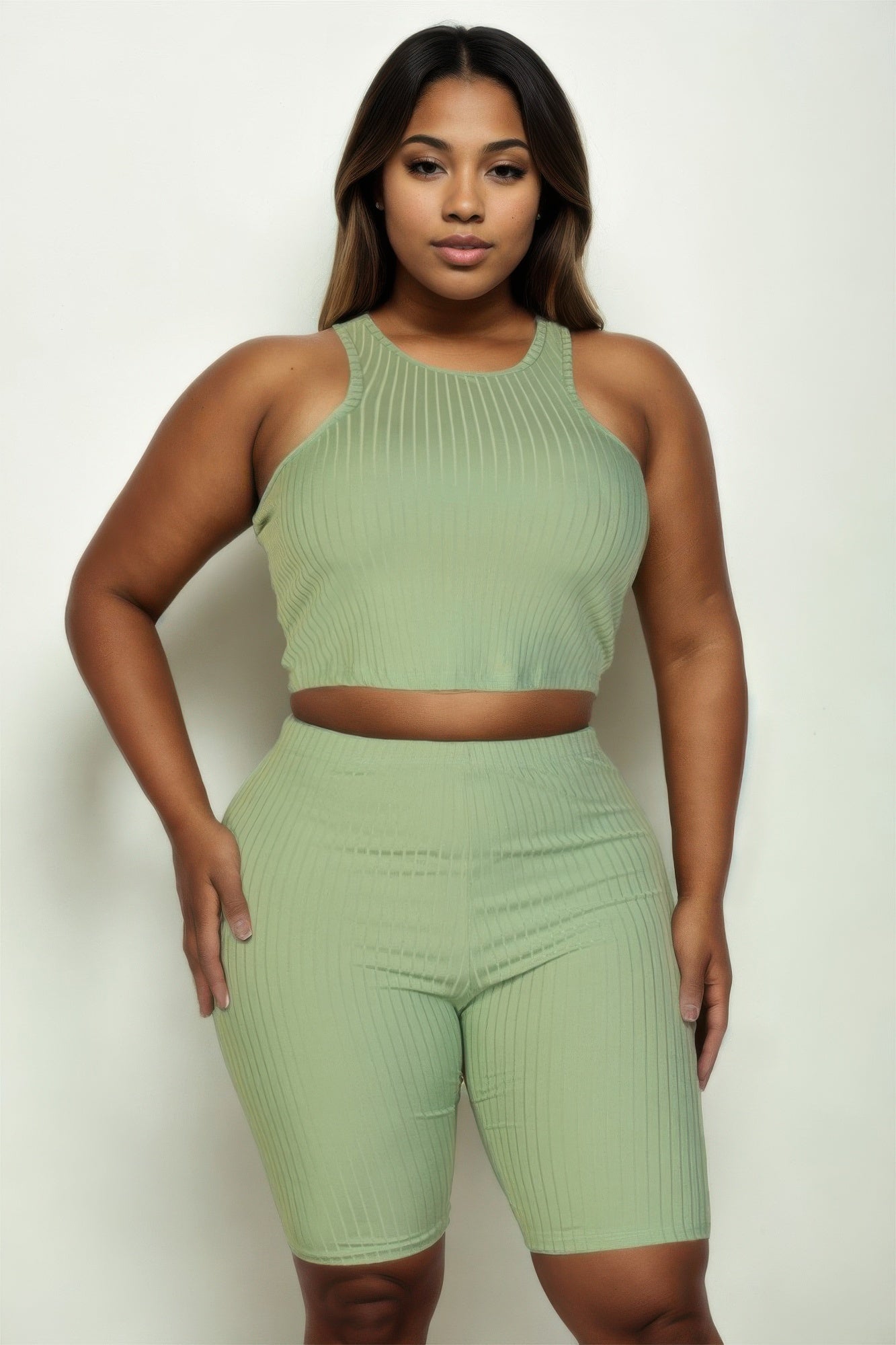 Stacey B's Plus Size Ribbed Cropped Tank Top And Biker Shorts Set