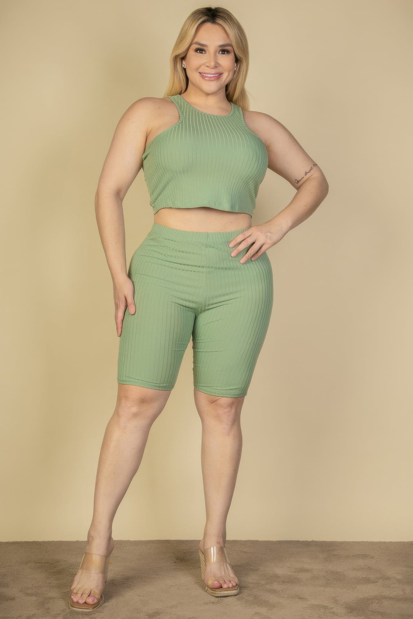 Stacey B's Plus Size Ribbed Cropped Tank Top And Biker Shorts Set