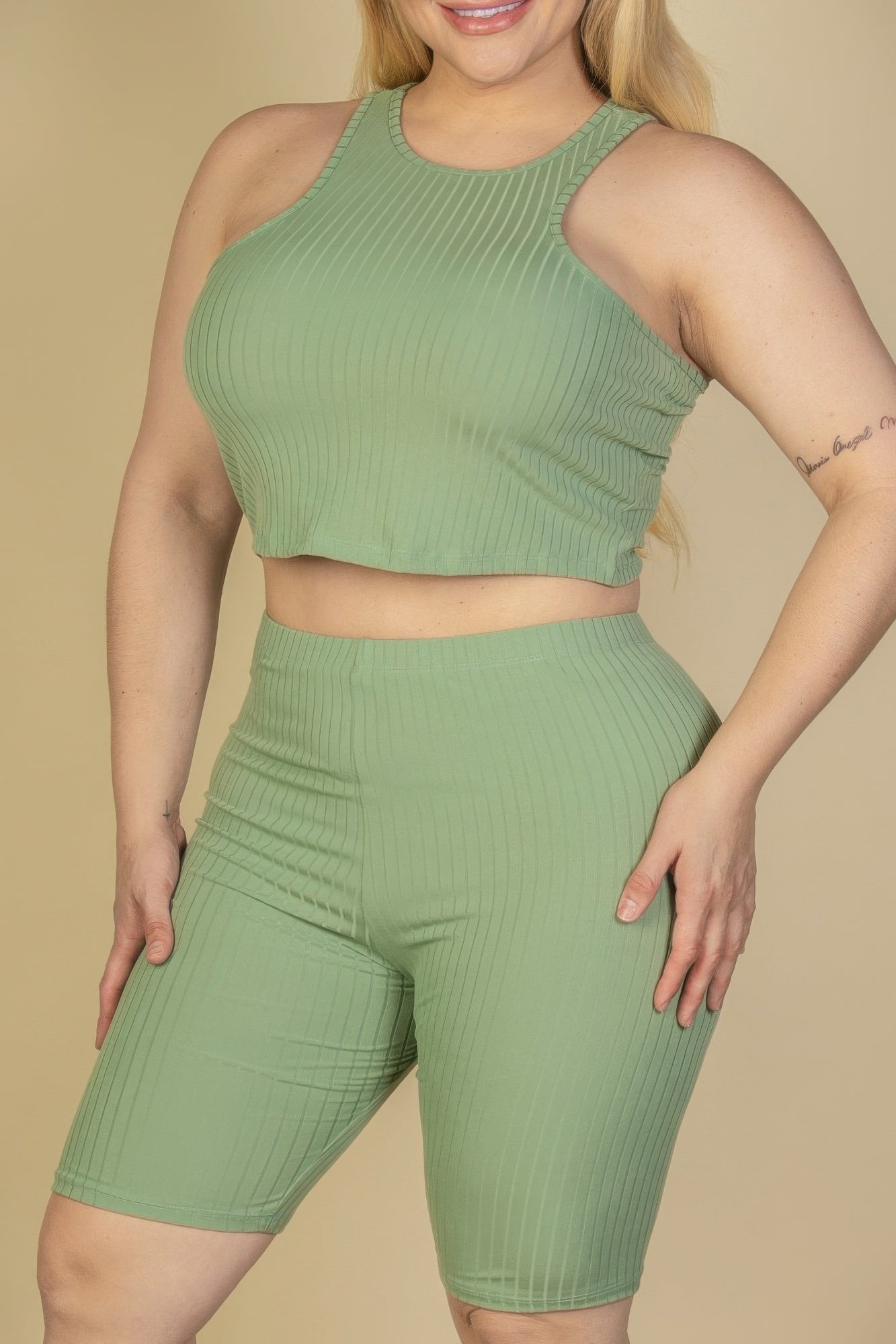 Stacey B's Plus Size Ribbed Cropped Tank Top And Biker Shorts Set