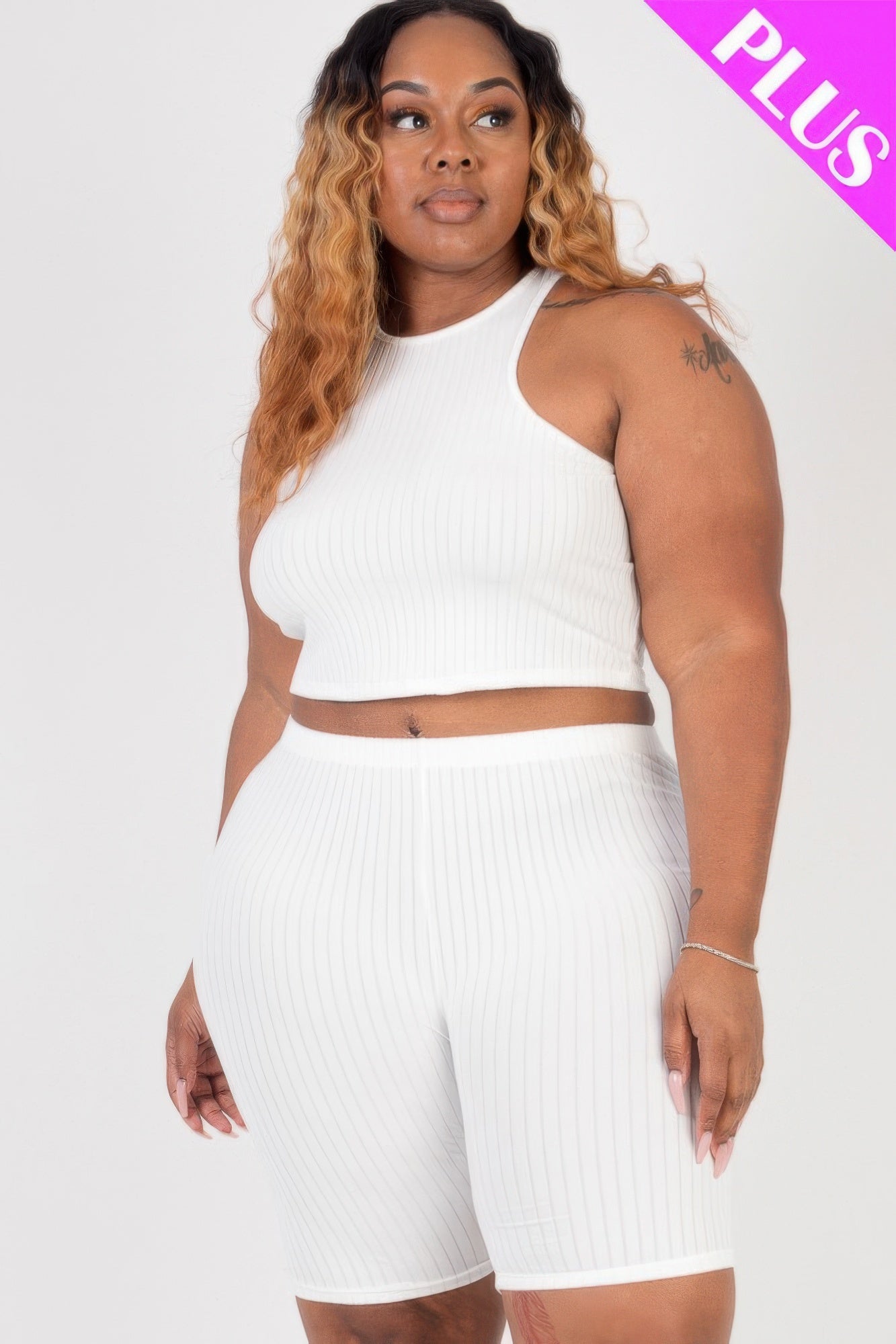 Stacey B's Plus Size Ribbed Cropped Tank Top And Biker Shorts Set