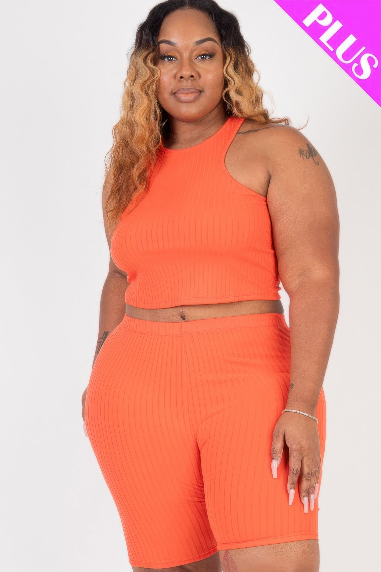 Stacey B's Plus Size Ribbed Cropped Tank Top And Biker Shorts Set