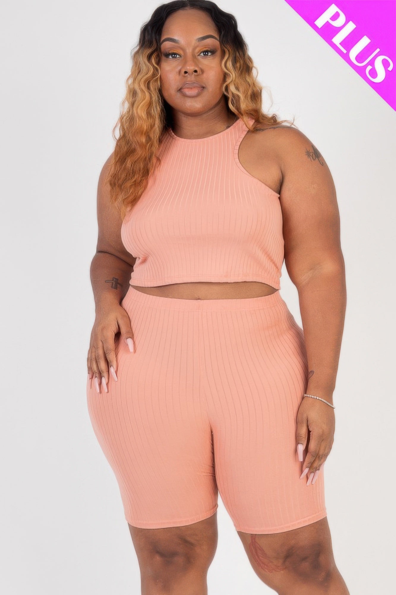 Stacey B's Plus Size Ribbed Cropped Tank Top And Biker Shorts Set