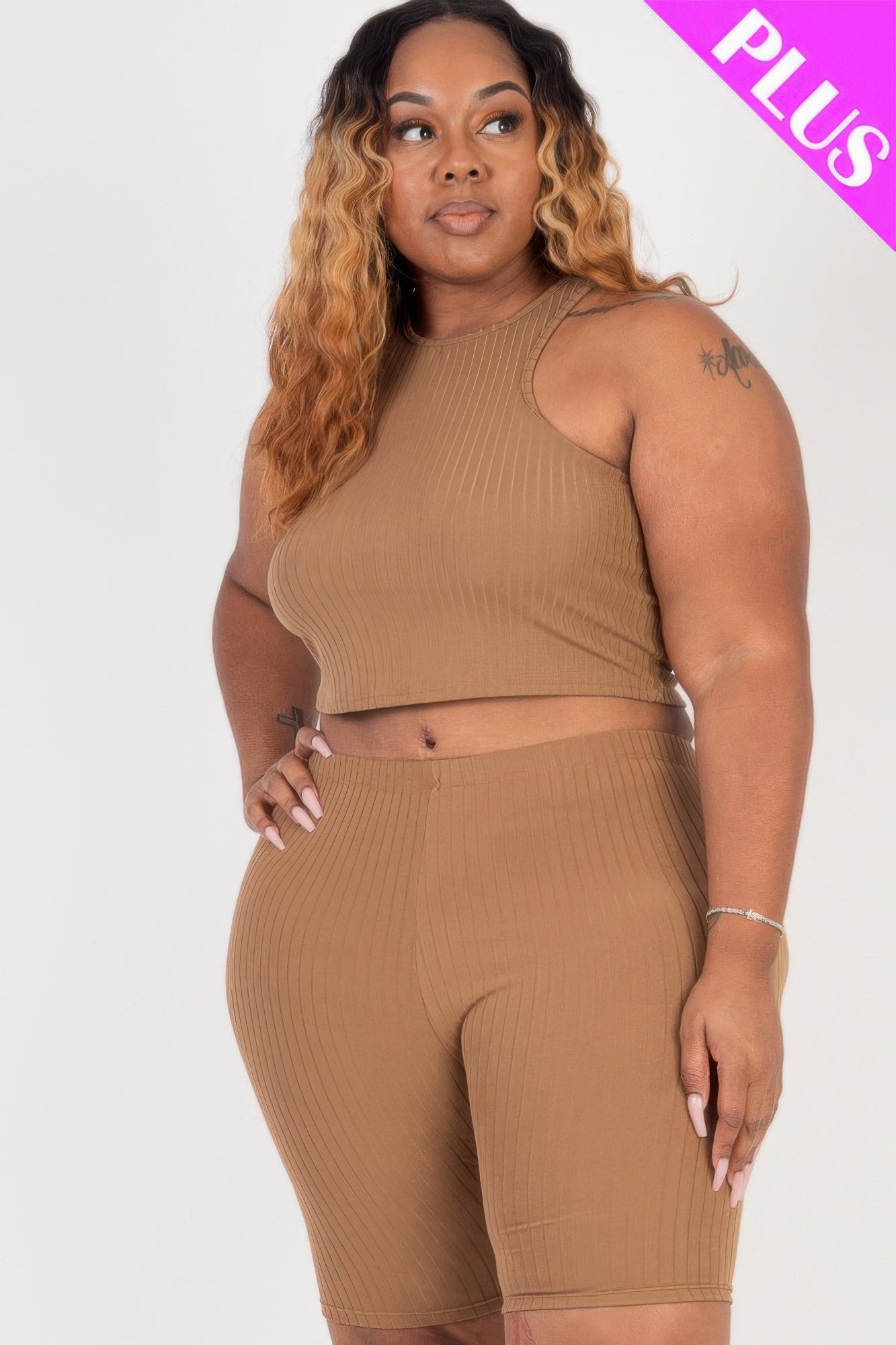 Stacey B's Plus Size Ribbed Cropped Tank Top And Biker Shorts Set