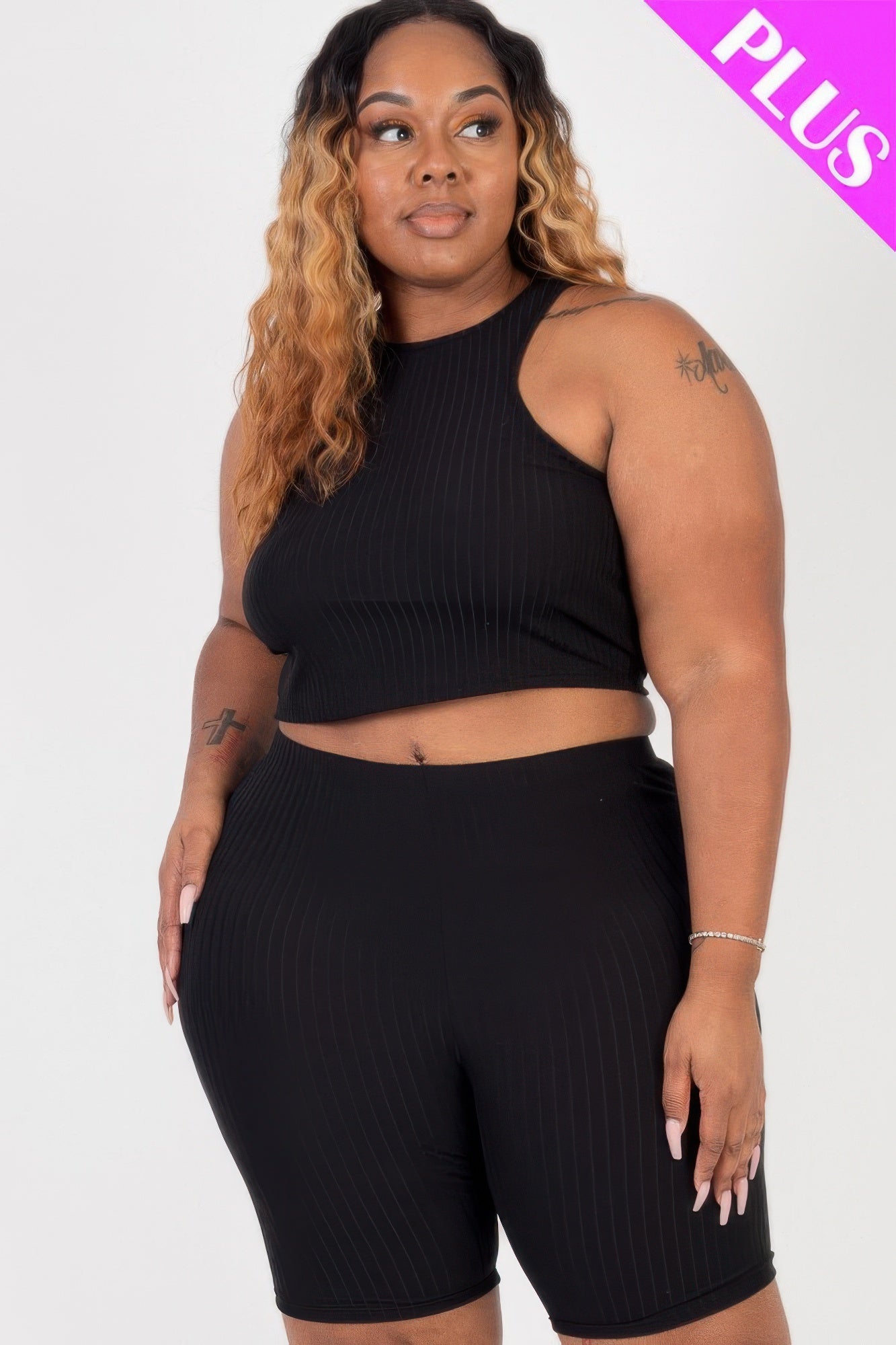 Stacey B's Plus Size Ribbed Cropped Tank Top And Biker Shorts Set