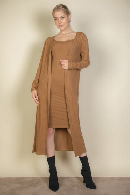 Stacey B's Ribbed Cardigan & Cami Midi Bodycon Dress