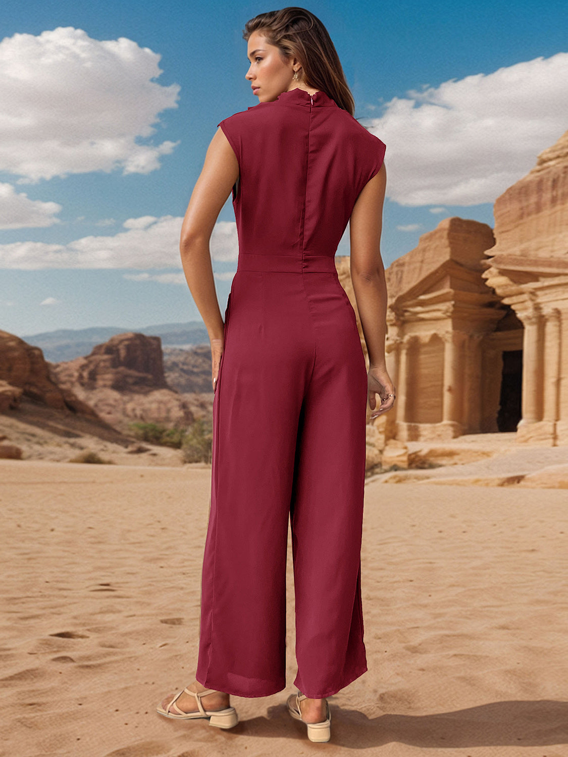 Stacey B's Ruched Mock Neck Sleeveless Jumpsuit