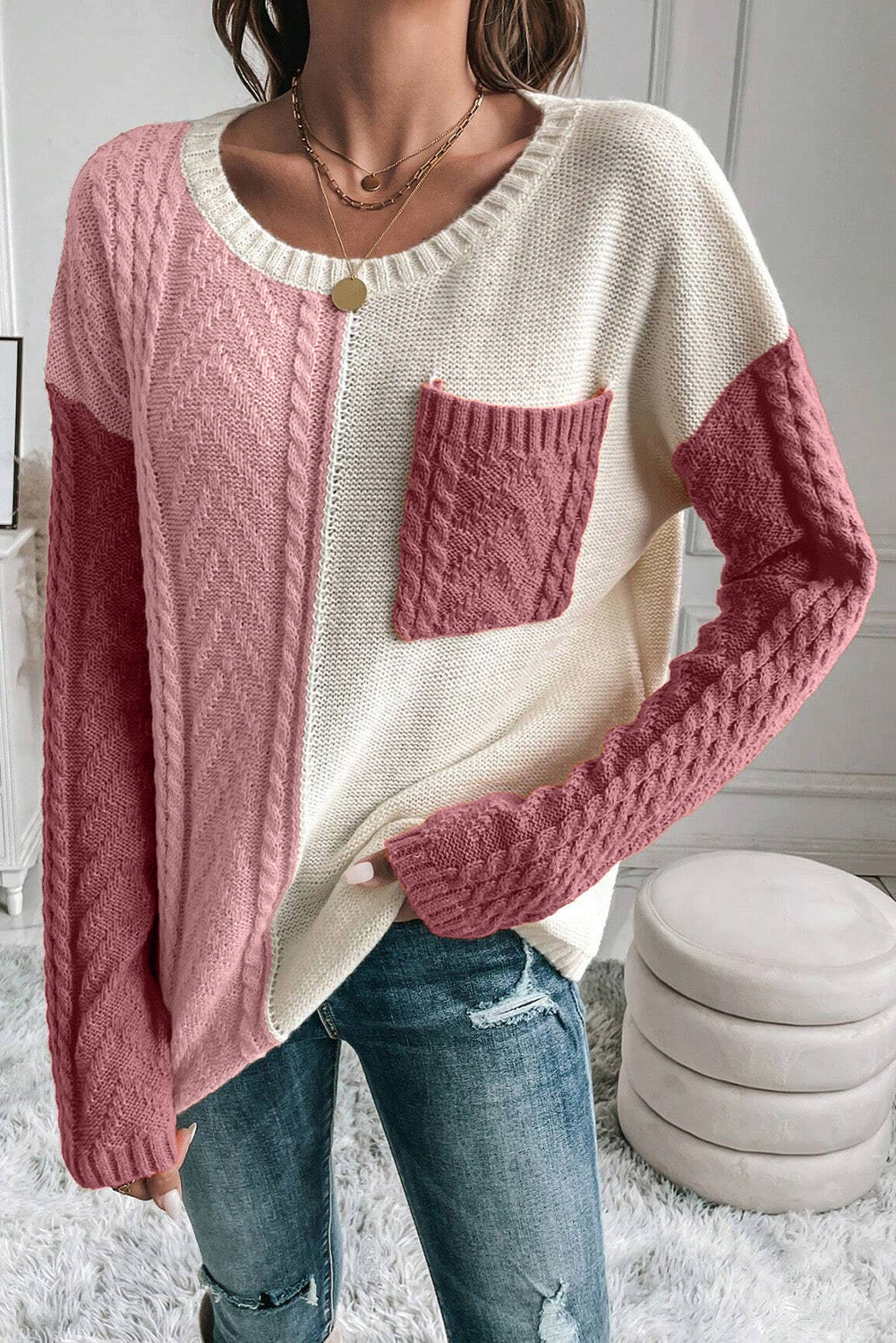 Stacey B's Color Block Round Neck Long Sleeve Sweater