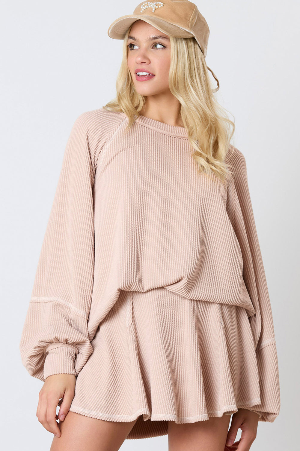 Stacey B's Jet Stream Corded Lantern Sleeve Pullover and Ruffle Mini Skirt Set