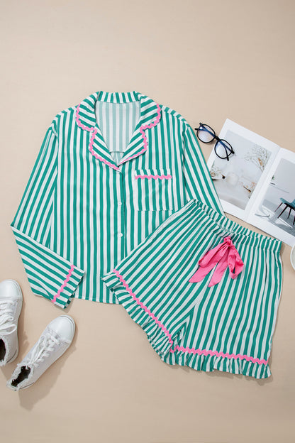 Stacey B's Green Stripe Contrast Ricrac Trim Long Sleeve Shirt Drawstring Ruffled Pajama Short Set