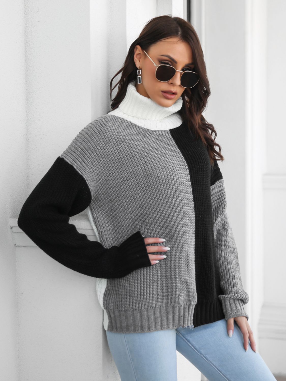 Stacey B's Contrast Turtleneck Long Sleeve Sweater