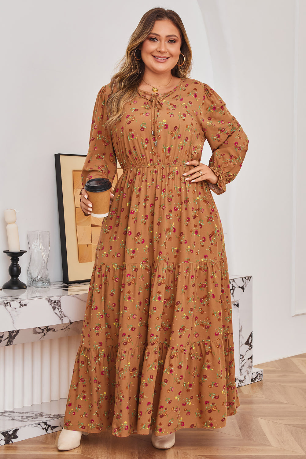 Stacey B's Brown Plus Size Floral Split V Neck Ruffled Sleeve Tiered Maxi Dress