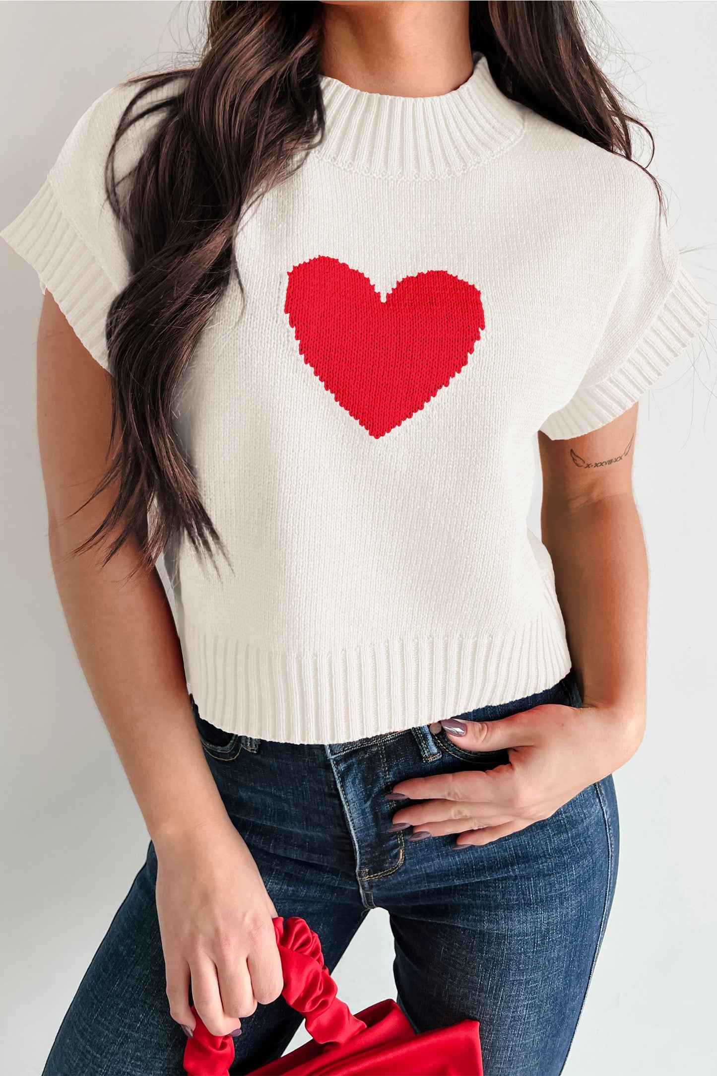 Stacey B's White Valentine Heart Graphic Cropped Short Sleeve Sweater