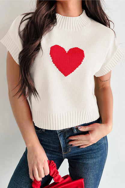 Stacey B's White Valentine Heart Graphic Cropped Short Sleeve Sweater