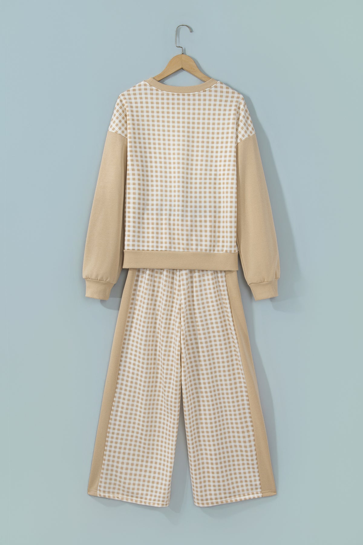 Stacey B's Brown Color Block Plaid Patchwork Long Sleeve Pullover Wide Leg Pant Set