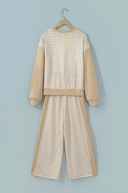 Stacey B's Brown Color Block Plaid Patchwork Long Sleeve Pullover Wide Leg Pant Set