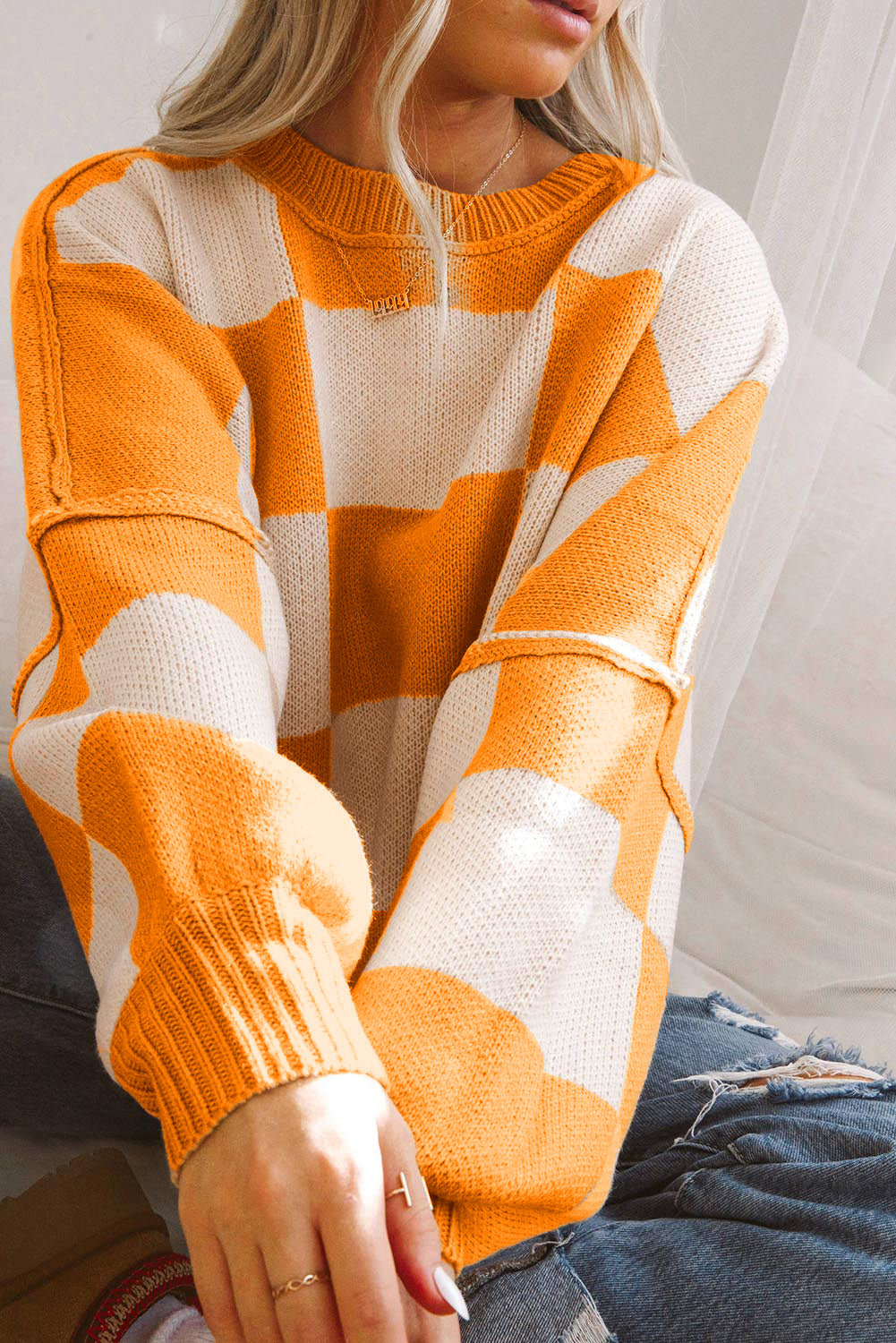 Stacey B's Orange Checkered Bishop Sleeve Sweater