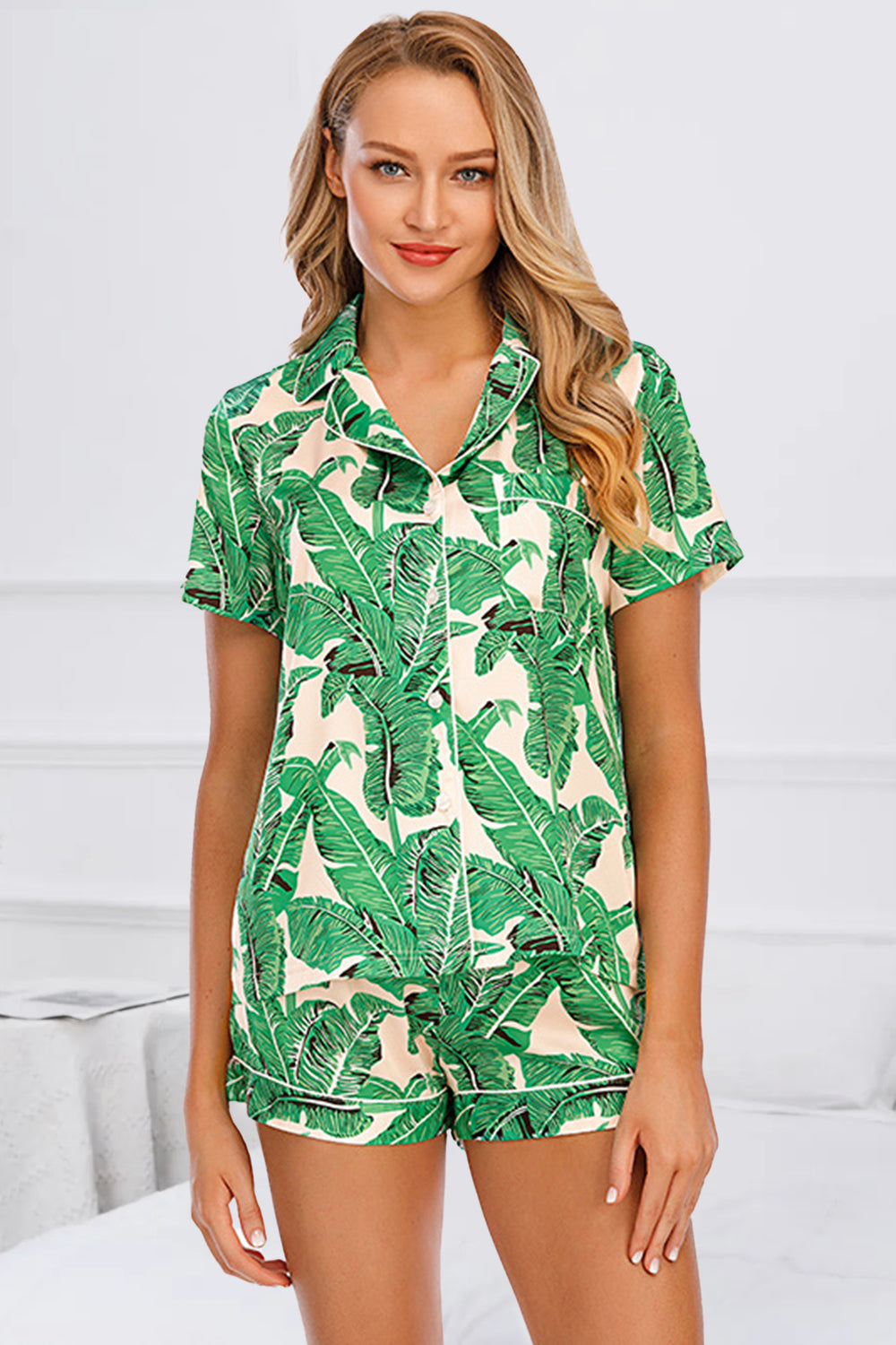 Stacey B's Printed Button Up Short Sleeve Top and Shorts Lounge Set