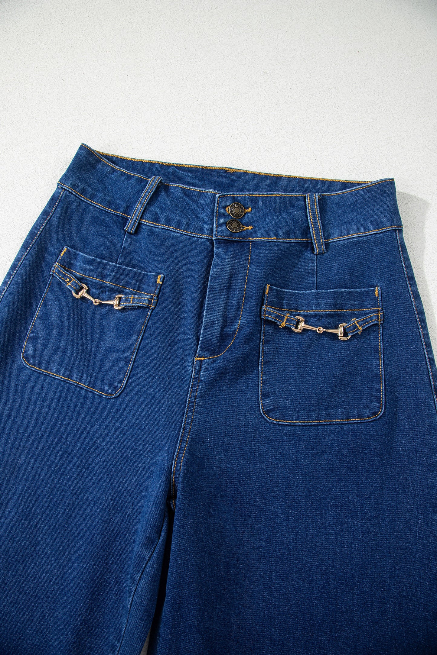 Stacey B's Sail Blue Hardware Decor Patched Pockets Wide Leg Denim Pants