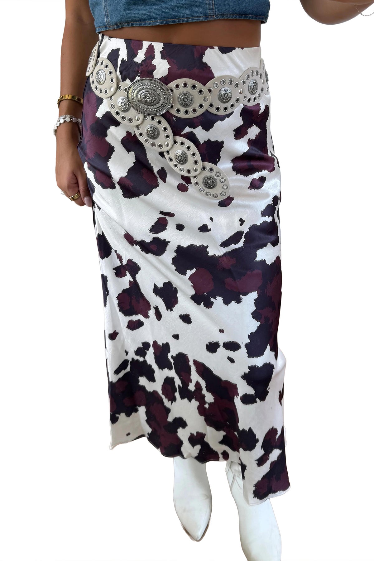 Stacey  B's Brown Abstract Print Western Long Metal Zip-Up Waist Daily Wear Skirt