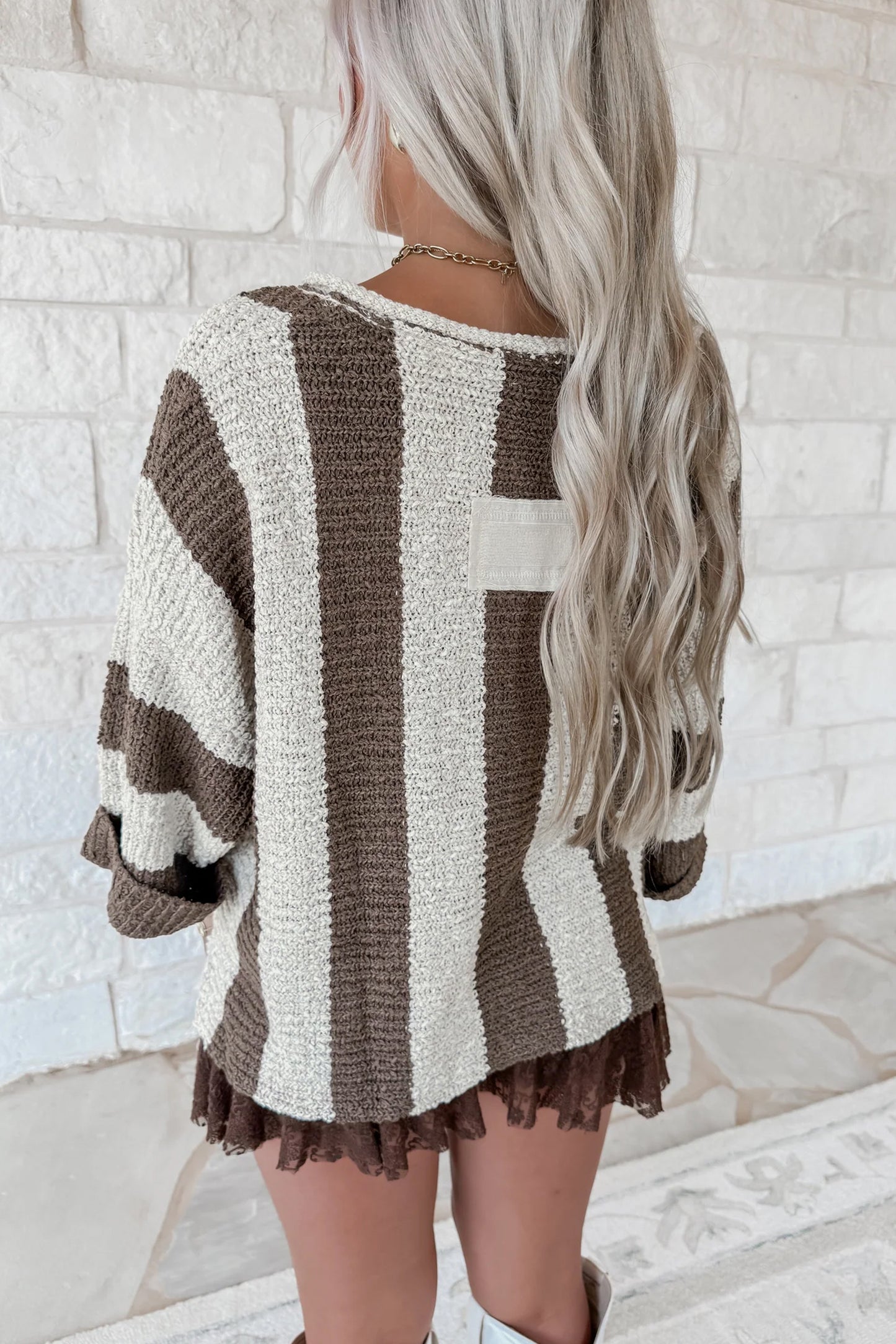 Stacey B's Brown Stripe Colorblock V Neck Bracelet Sleeve Sweater